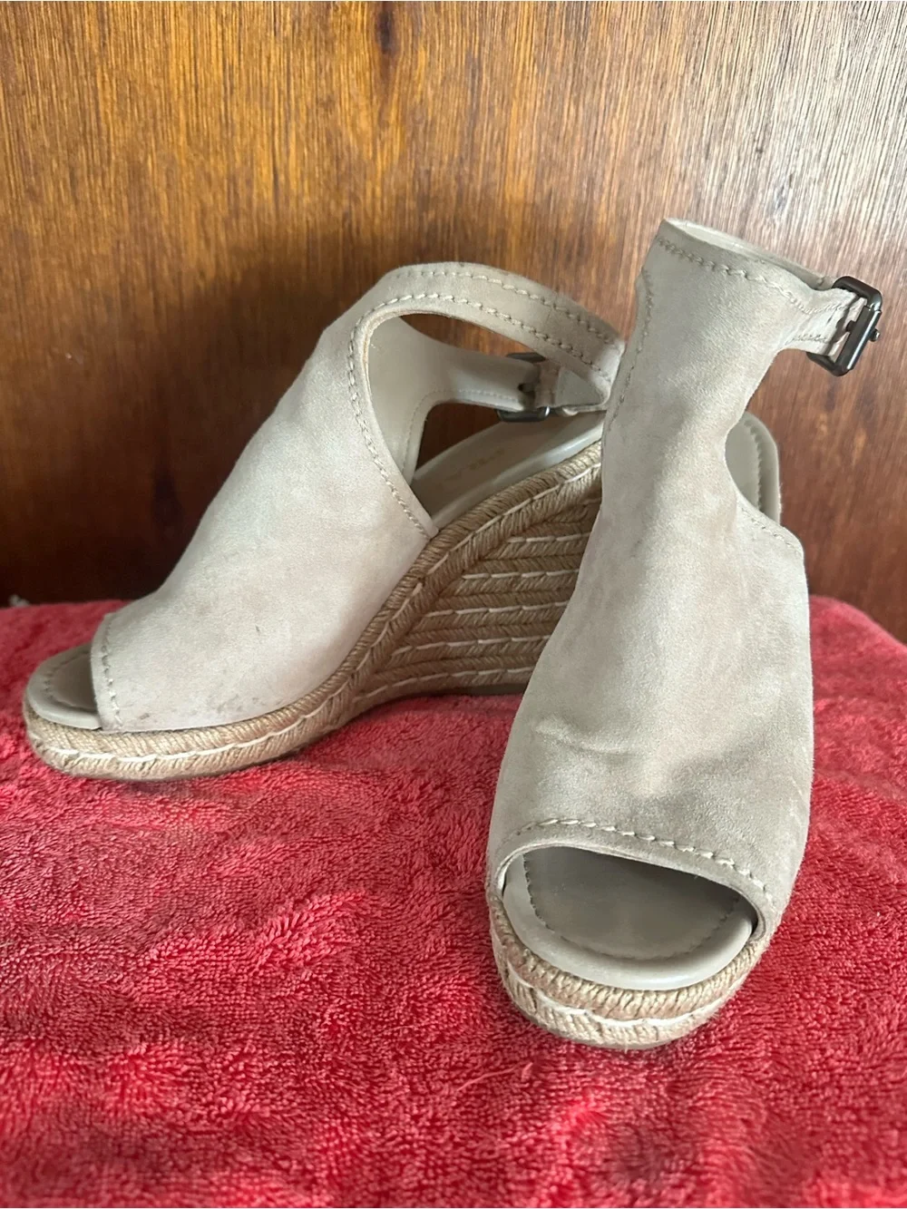 Prada Taupe Suede Open-Toe Espadrille Wedge Sandals